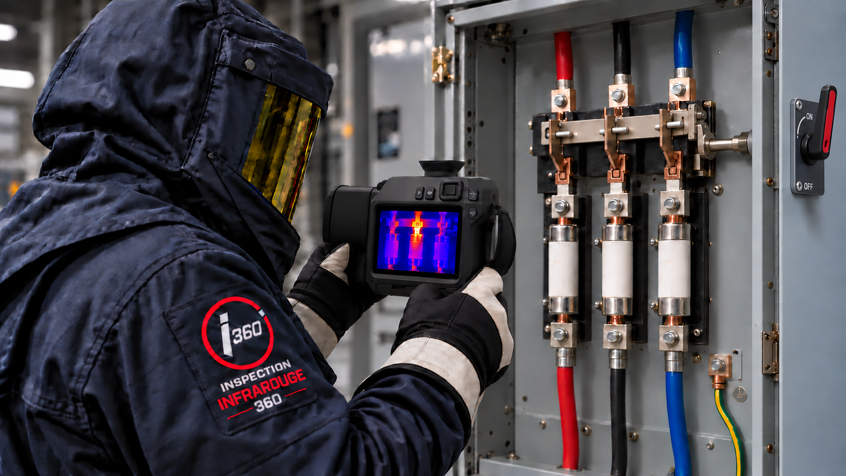 Thermographe inspectant un sectionneur triphasé avec une caméra infrarouge.